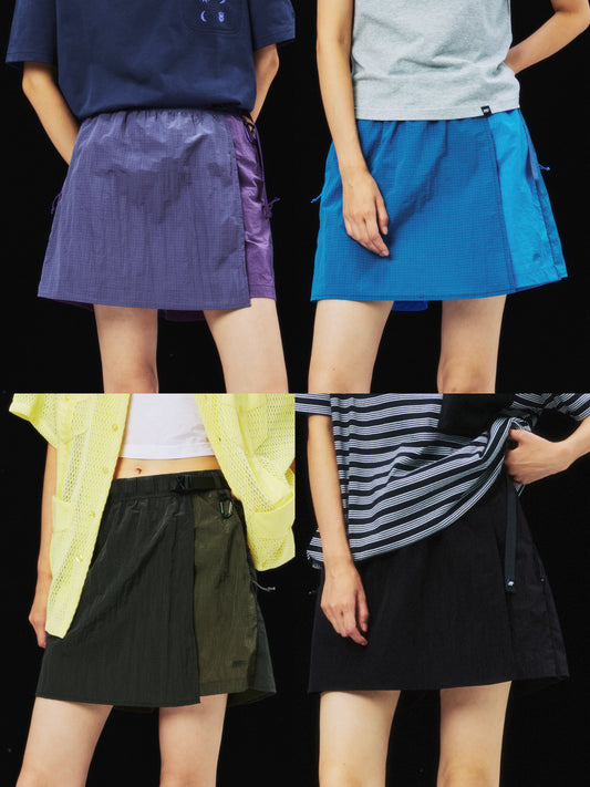 Metal Nylon Grid Hidden Zipper Pocket Color Blocking Belted Culottes