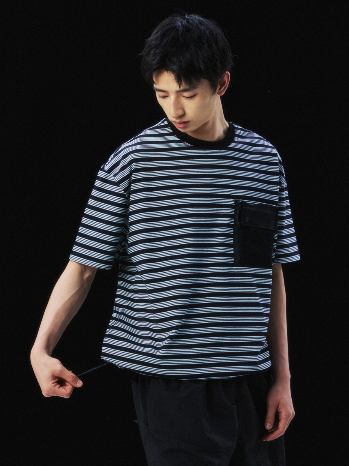 Fine stripe mesh short sleeve TEE